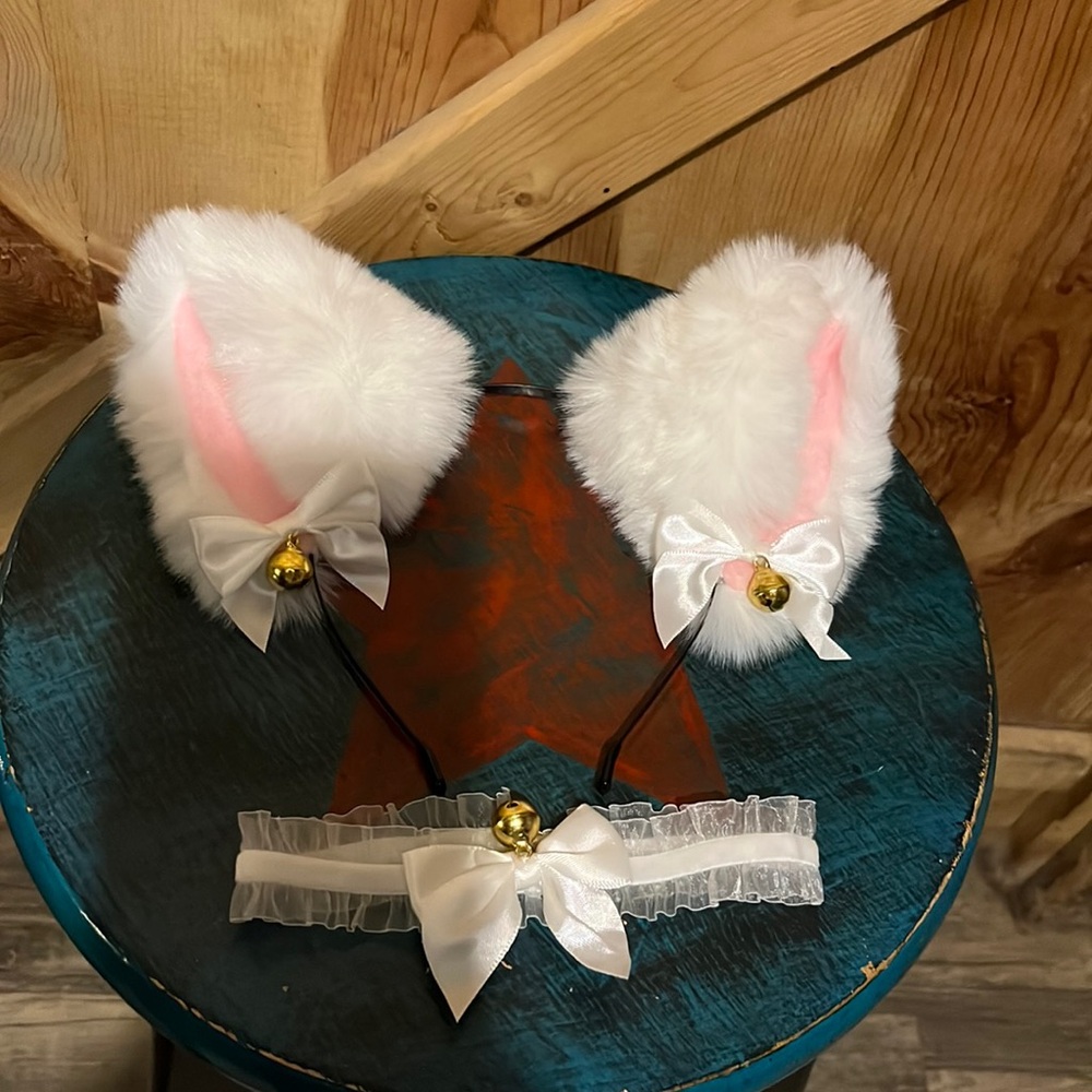 New in package set cat ears headband and lace white  bell adjustable necklace